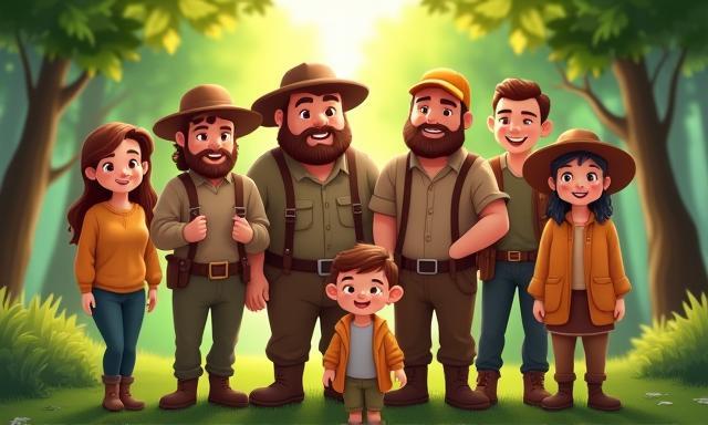Cartoon illustration of a diverse group of happy hunters of various ages, smiling together in a forest setting.