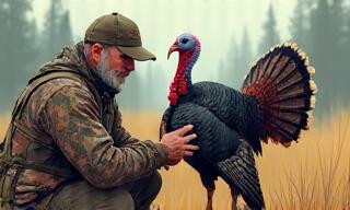 Cartoon illustration of a turkey hunter setting up a decoy.