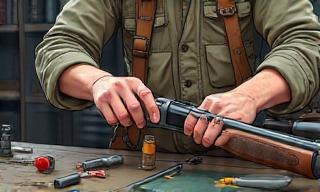 Cartoon illustration of a hunter meticulously cleaning a shotgun.