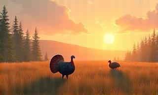 Cartoon drawing of a group of turkeys in a field at sunrise.